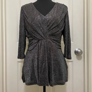NorthStyle Metallic Shimmer‎ Ruched Top 3/4 Sleeve Black Silver Large Chic Party
